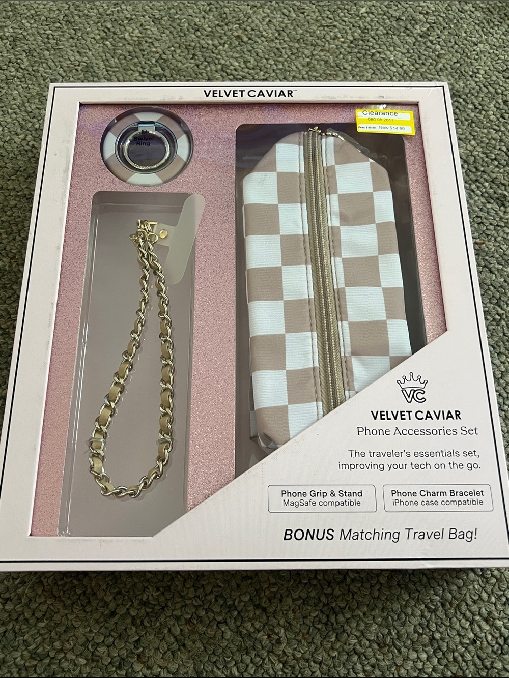 Velvet Caviar Beige and White Checkered Phone Accessories Set